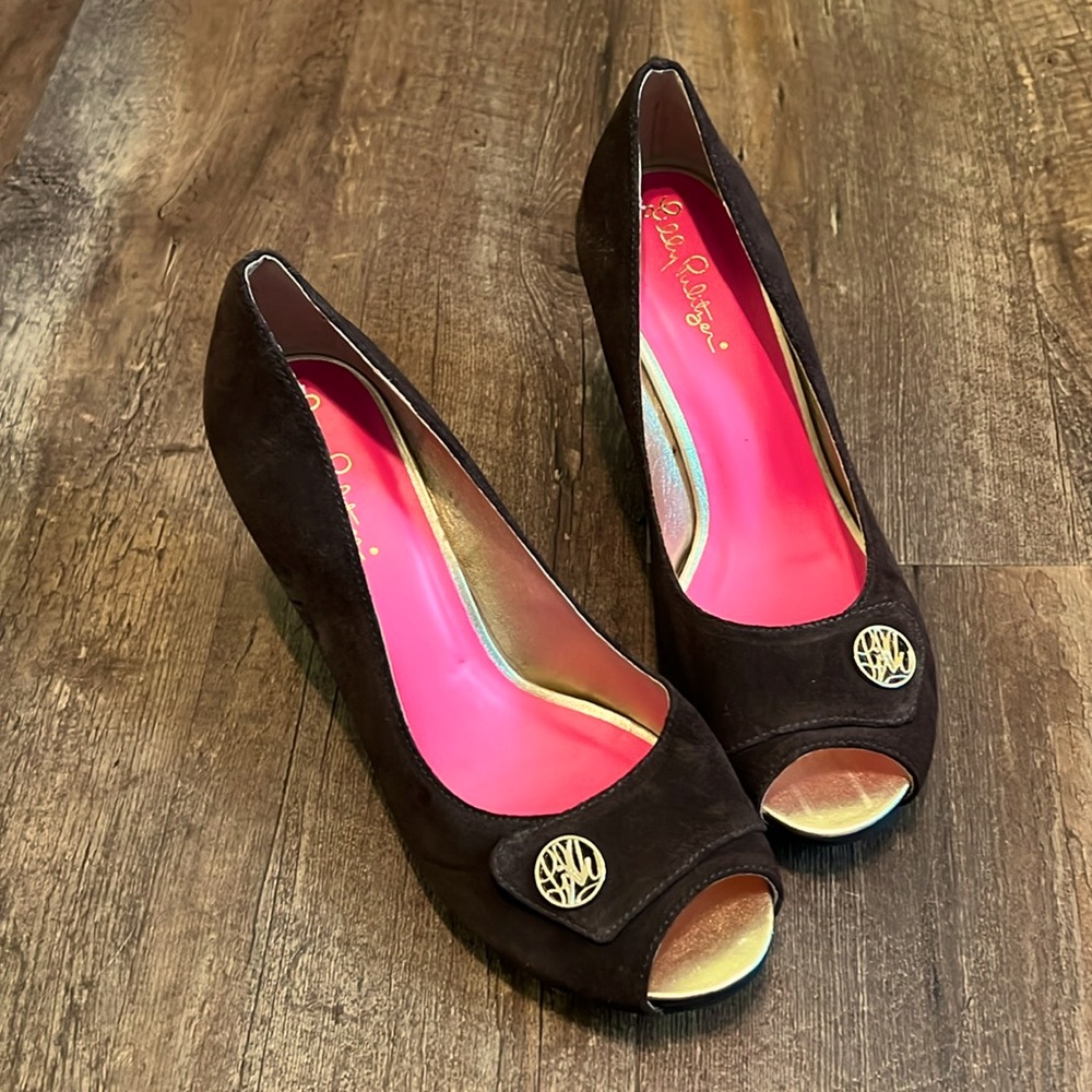 Lilly Pulitzer Brown Suede Peep Toe Wedge